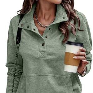 Women's Casual Long Sleeve Sweatshirt -Lightweight, Buttoned, Loose Pullover Top